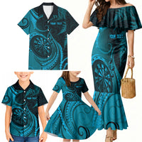 Personalised New Zealand Turquoise Darts Family Matching Mermaid Dress and Hawaiian Shirt Maori Fern Curve Style