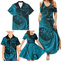 Personalised New Zealand Turquoise Darts Family Matching Summer Maxi Dress and Hawaiian Shirt Maori Fern Curve Style
