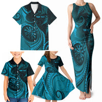 Personalised New Zealand Turquoise Darts Family Matching Tank Maxi Dress and Hawaiian Shirt Maori Fern Curve Style