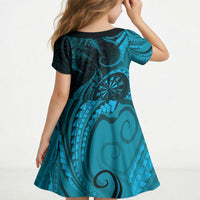 Personalised New Zealand Turquoise Darts Kid Short Sleeve Dress Maori Fern Curve Style