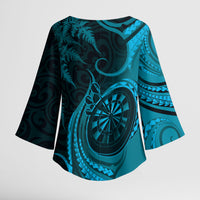 Personalised New Zealand Turquoise Darts Kimono Sleeve Blouse Maori Fern Curve Style