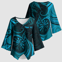 Personalised New Zealand Turquoise Darts Kimono Sleeve Blouse Maori Fern Curve Style