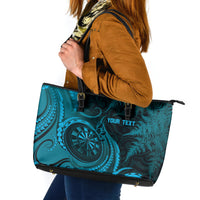 Personalised New Zealand Turquoise Darts Leather Tote Bag Maori Fern Curve Style