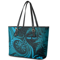 Personalised New Zealand Turquoise Darts Leather Tote Bag Maori Fern Curve Style