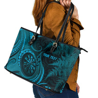 Personalised New Zealand Turquoise Darts Leather Tote Bag Maori Fern Curve Style