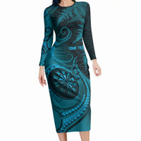 Personalised New Zealand Turquoise Darts Long Sleeve Bodycon Dress Maori Fern Curve Style