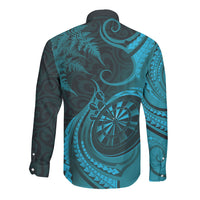 Personalised New Zealand Turquoise Darts Long Sleeve Button Shirt Maori Fern Curve Style