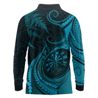 Personalised New Zealand Turquoise Darts Long Sleeve Polo Shirt Maori Fern Curve Style