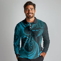Personalised New Zealand Turquoise Darts Long Sleeve Polo Shirt Maori Fern Curve Style