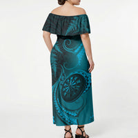 Personalised New Zealand Turquoise Darts Off Shoulder Maxi Dress Maori Fern Curve Style