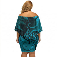 Personalised New Zealand Turquoise Darts Off Shoulder Short Dress Maori Fern Curve Style