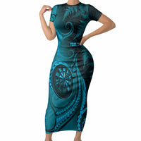 Personalised New Zealand Turquoise Darts Short Sleeve Bodycon Dress Maori Fern Curve Style