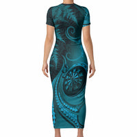 Personalised New Zealand Turquoise Darts Short Sleeve Bodycon Dress Maori Fern Curve Style