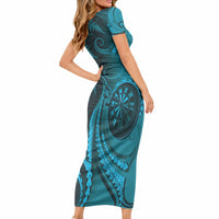 Personalised New Zealand Turquoise Darts Short Sleeve Bodycon Dress Maori Fern Curve Style