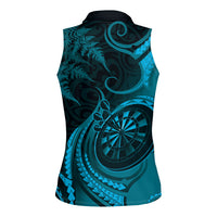 Personalised New Zealand Turquoise Darts Women Sleeveless Polo Shirt Maori Fern Curve Style