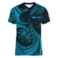 Personalised New Zealand Turquoise Darts Women V-Neck T-Shirt Maori Fern Curve Style