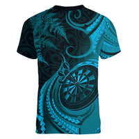 Personalised New Zealand Turquoise Darts Women V-Neck T-Shirt Maori Fern Curve Style