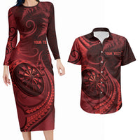 Personalised New Zealand Red Darts Couples Matching Long Sleeve Bodycon Dress and Hawaiian Shirt Maori Fern Curve Style