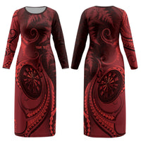 Personalised New Zealand Red Darts Couples Matching Long Sleeve Bodycon Dress and Hawaiian Shirt Maori Fern Curve Style