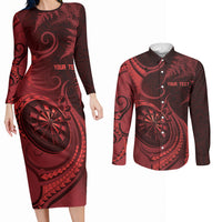 Personalised New Zealand Red Darts Couples Matching Long Sleeve Bodycon Dress and Long Sleeve Button Shirt Maori Fern Curve Style