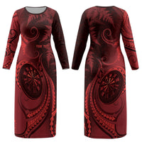 Personalised New Zealand Red Darts Couples Matching Long Sleeve Bodycon Dress and Long Sleeve Button Shirt Maori Fern Curve Style