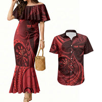 Personalised New Zealand Red Darts Couples Matching Mermaid Dress and Hawaiian Shirt Maori Fern Curve Style