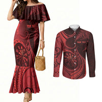 Personalised New Zealand Red Darts Couples Matching Mermaid Dress and Long Sleeve Button Shirt Maori Fern Curve Style