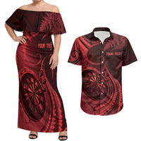 Personalised New Zealand Red Darts Couples Matching Off Shoulder Maxi Dress and Hawaiian Shirt Maori Fern Curve Style