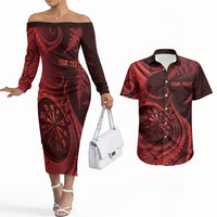Personalised New Zealand Red Darts Couples Matching Off The Shoulder Long Sleeve Dress and Hawaiian Shirt Maori Fern Curve Style
