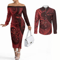 Personalised New Zealand Red Darts Couples Matching Off The Shoulder Long Sleeve Dress and Long Sleeve Button Shirt Maori Fern Curve Style