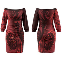 Personalised New Zealand Red Darts Couples Matching Off The Shoulder Long Sleeve Dress and Long Sleeve Button Shirt Maori Fern Curve Style