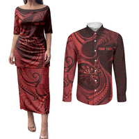 Personalised New Zealand Red Darts Couples Matching Puletasi and Long Sleeve Button Shirt Maori Fern Curve Style