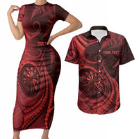 Personalised New Zealand Red Darts Couples Matching Short Sleeve Bodycon Dress and Hawaiian Shirt Maori Fern Curve Style