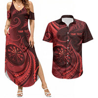 Personalised New Zealand Red Darts Couples Matching Summer Maxi Dress and Hawaiian Shirt Maori Fern Curve Style