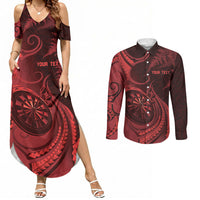 Personalised New Zealand Red Darts Couples Matching Summer Maxi Dress and Long Sleeve Button Shirt Maori Fern Curve Style