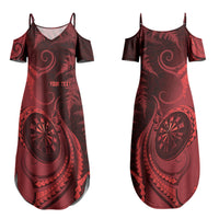 Personalised New Zealand Red Darts Couples Matching Summer Maxi Dress and Long Sleeve Button Shirt Maori Fern Curve Style