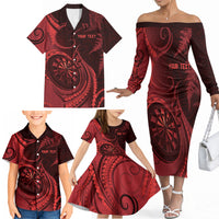 Personalised New Zealand Red Darts Family Matching Off The Shoulder Long Sleeve Dress and Hawaiian Shirt Maori Fern Curve Style
