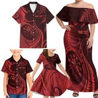 Personalised New Zealand Red Darts Family Matching Off Shoulder Maxi Dress and Hawaiian Shirt Maori Fern Curve Style