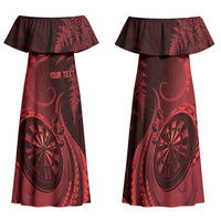 Personalised New Zealand Red Darts Family Matching Off Shoulder Maxi Dress and Hawaiian Shirt Maori Fern Curve Style