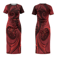 Personalised New Zealand Red Darts Family Matching Short Sleeve Bodycon Dress and Hawaiian Shirt Maori Fern Curve Style