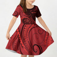 Personalised New Zealand Red Darts Kid Short Sleeve Dress Maori Fern Curve Style