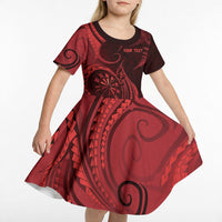 Personalised New Zealand Red Darts Kid Short Sleeve Dress Maori Fern Curve Style