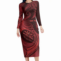 Personalised New Zealand Red Darts Long Sleeve Bodycon Dress Maori Fern Curve Style