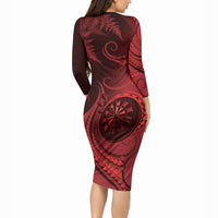 Personalised New Zealand Red Darts Long Sleeve Bodycon Dress Maori Fern Curve Style