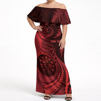 Personalised New Zealand Red Darts Off Shoulder Maxi Dress Maori Fern Curve Style