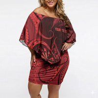 Personalised New Zealand Red Darts Off Shoulder Short Dress Maori Fern Curve Style