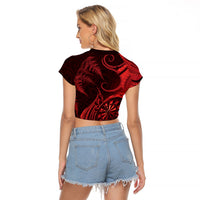 Personalised New Zealand Red Darts Raglan Cropped T Shirt Maori Fern Curve Style