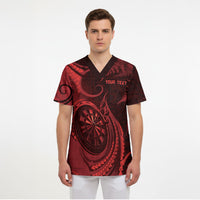 Personalised New Zealand Red Darts Scrub Top Maori Fern Curve Style