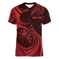 Personalised New Zealand Red Darts Women V-Neck T-Shirt Maori Fern Curve Style