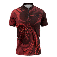 Personalised New Zealand Red Darts Zipper Polo Shirt Maori Fern Curve Style